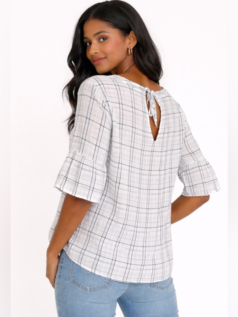 Susina White Plaid Keyhole Tie Back Cotton Top